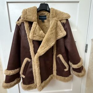 Brown Shearling Jacket with Tan Trim